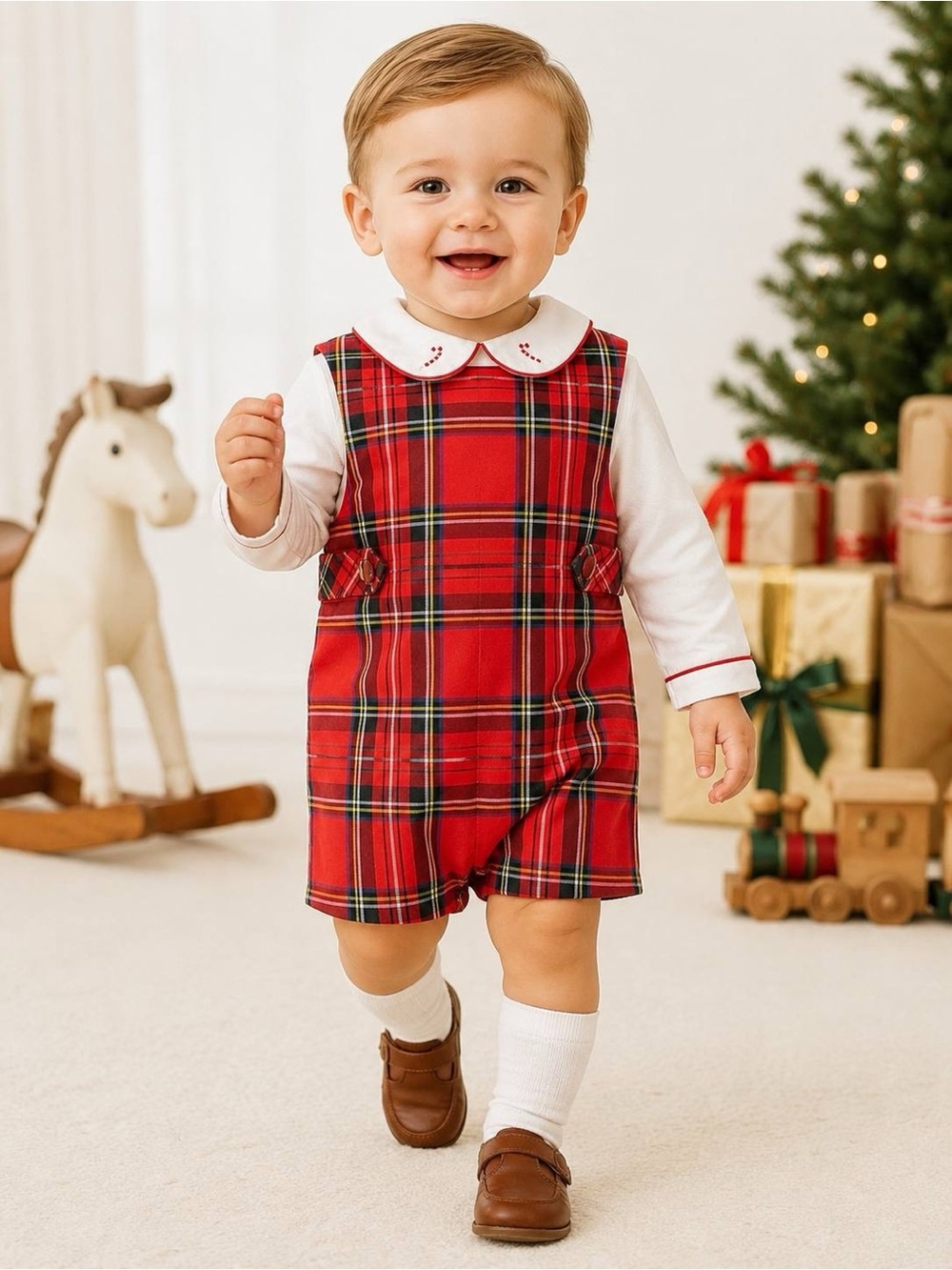 Edgehill Collection Candy Cane Shortall Set Kids Red Plaid Size 12M NWT
